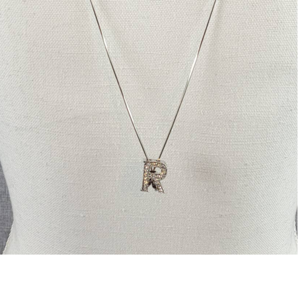 Silver Tone Initial Letter "R" Rhinestone Pendant Snake Chain Necklace - Picture 3 of 7